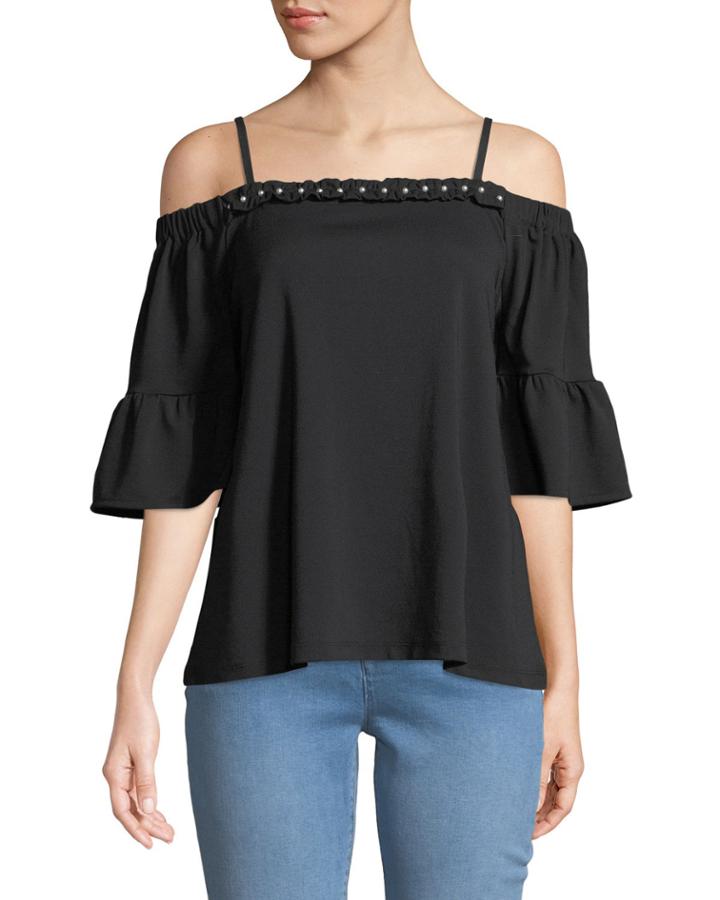 Cold-shoulder Blouse W/ Pearl Trim