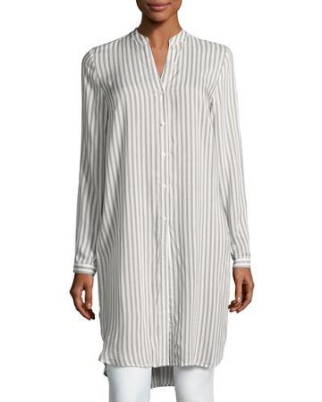 Striped Long-sleeve Shirt, Gray/white