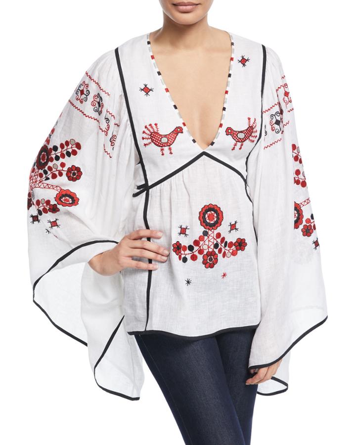 Country Summer Bird-embroidered V-neck Tieback Tunic Blouse