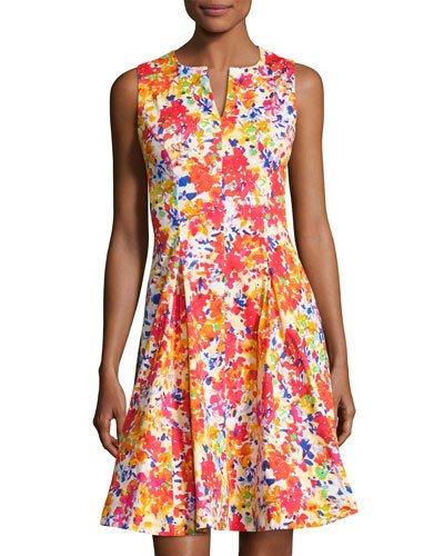 Split-neck Floral-print Fit-and-flare Dress,