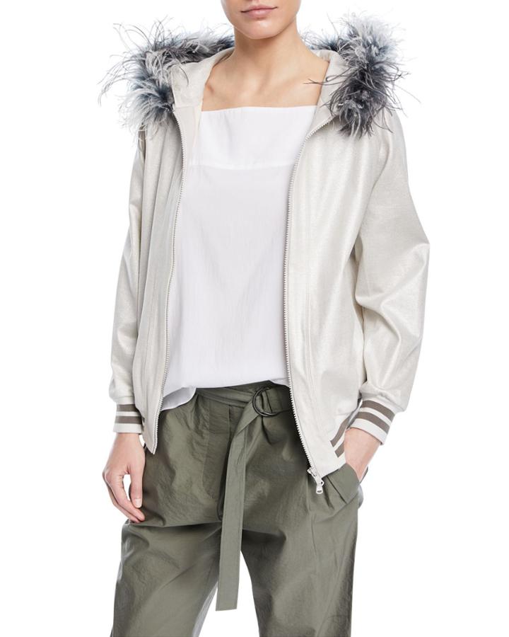 Metallic Zip-up Hoodie With Feather Trim