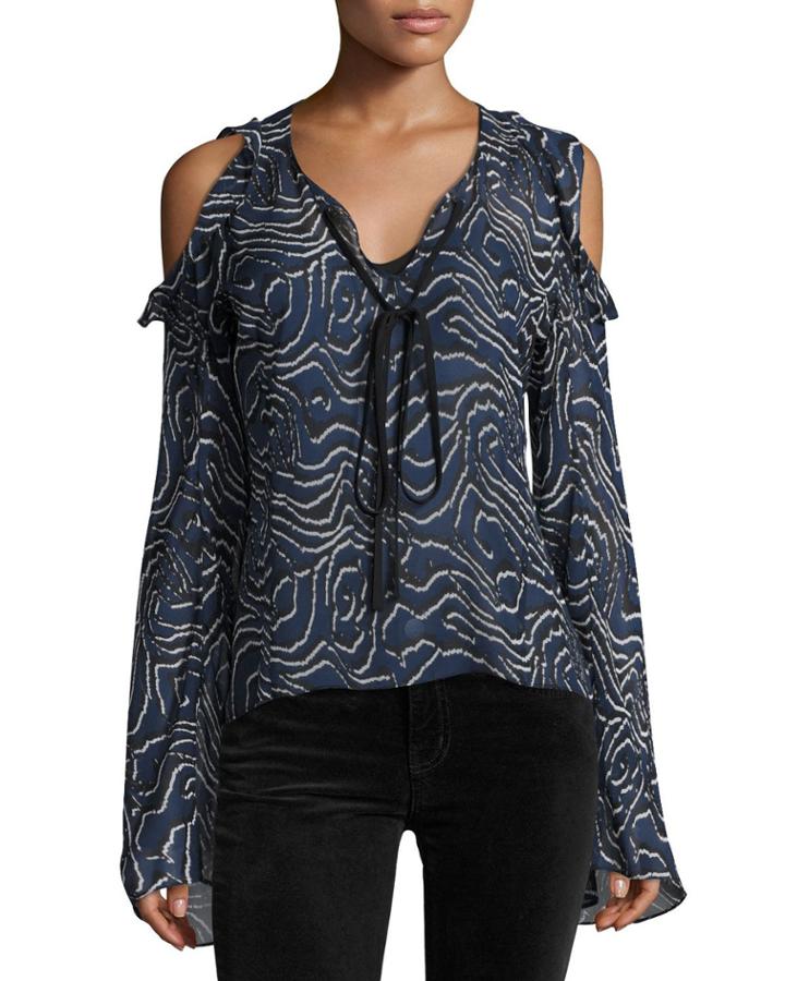 Ruffled Cold-shoulder Chiffon Blouse, Navy