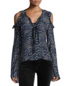 Ruffled Cold-shoulder Chiffon Blouse, Navy