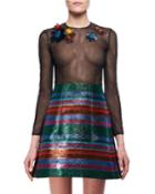 Floral-embroidered Tulle Long-sleeve Top