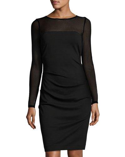 Combo Mesh Long-sleeve Sheath Dress, Black