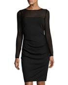 Combo Mesh Long-sleeve Sheath Dress, Black