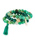 Green Stone & Tassel Stretch Bracelets,