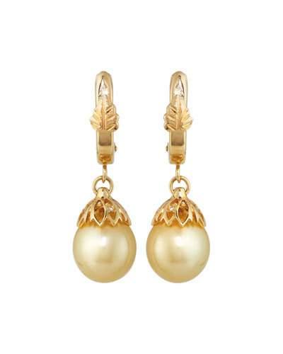 14k Golden South Sea Pearl & Diamond Drop Earrings