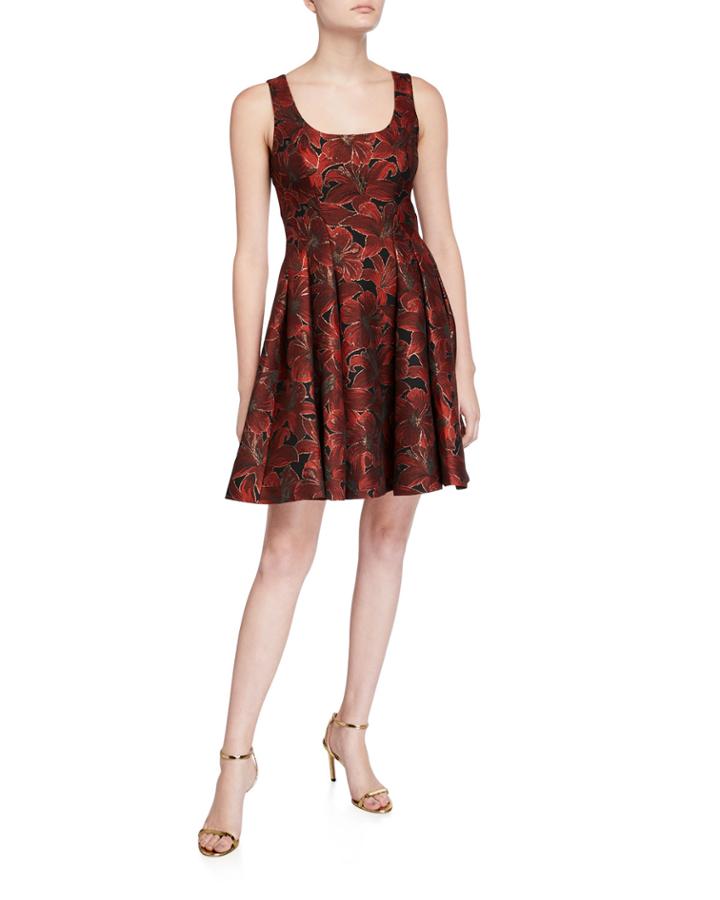 Sleeveless Floral Jacquard Fit-and-flare Dress