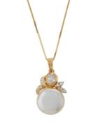 14k Diamond Leaf & Pearl Pendant Necklace