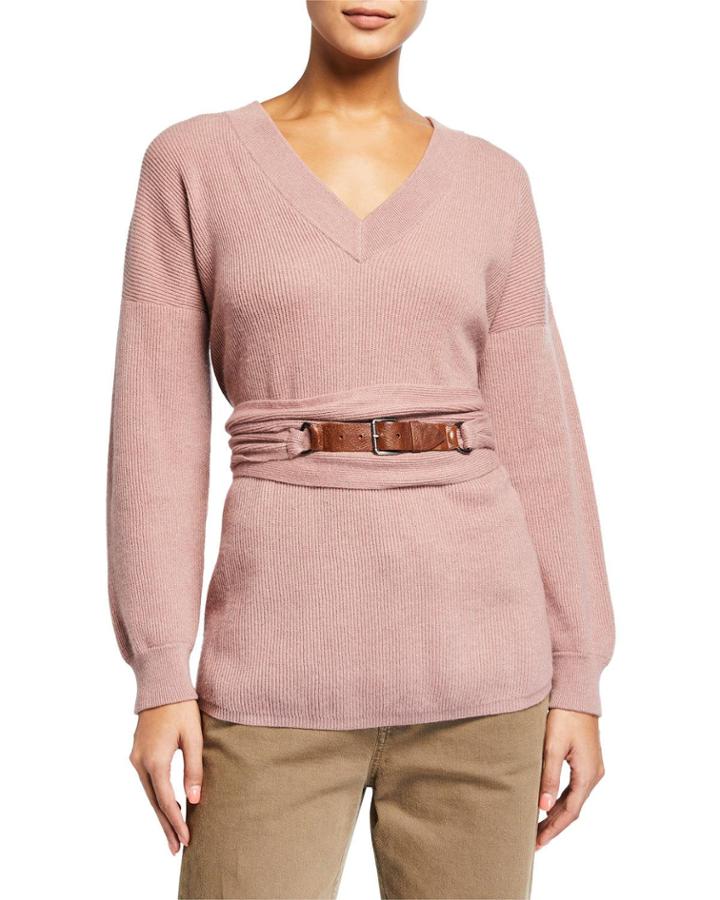 English Rib Cashmere Sweater With Obi Belt