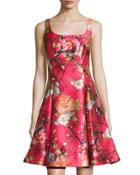 Floral-print Satin Fit & Flare Dress, Pink Pattern