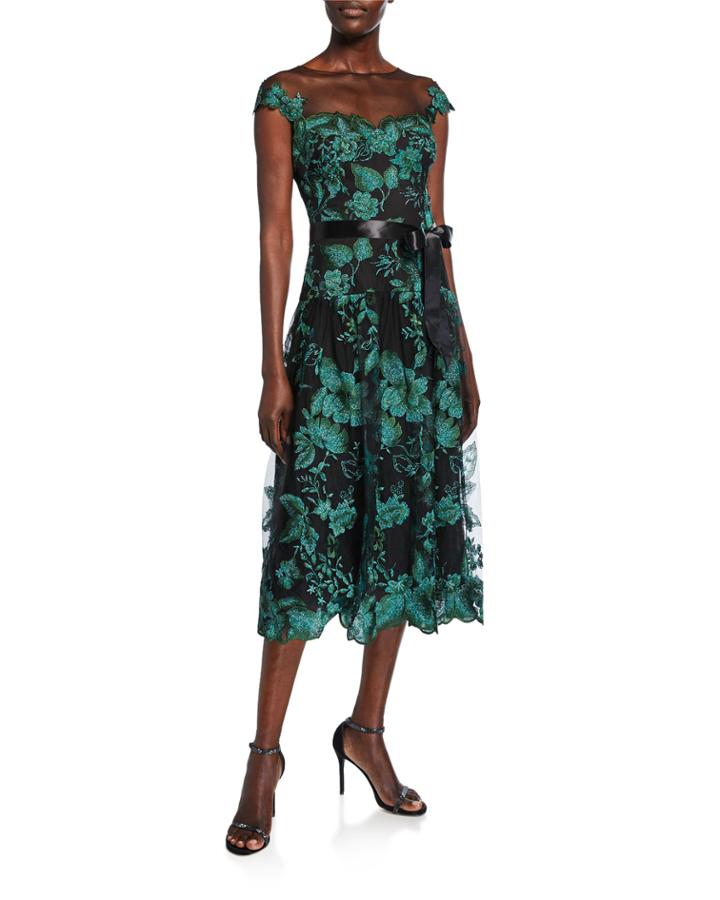 Rem Metallic Floral Cap-sleeve Tulle Cocktail Dress