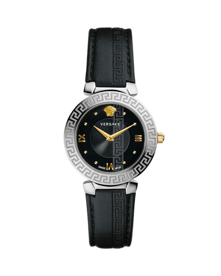 35mm Daphnis Leather Greca Watch, Black/silver
