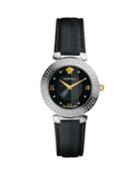 35mm Daphnis Leather Greca Watch, Black/silver