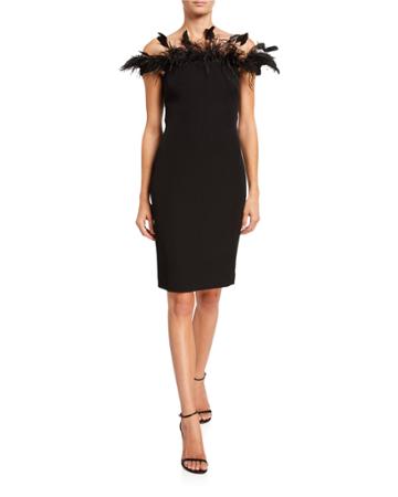 Off-the-shoulder Crepe Sheath Dress W/ Feathers