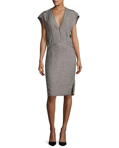 Cap-sleeve Linen Sheath Dress With Binding, Gray