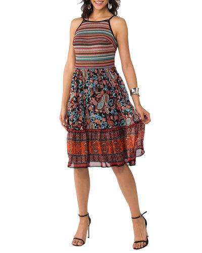 Fit-and Flare Print Dress, Black
