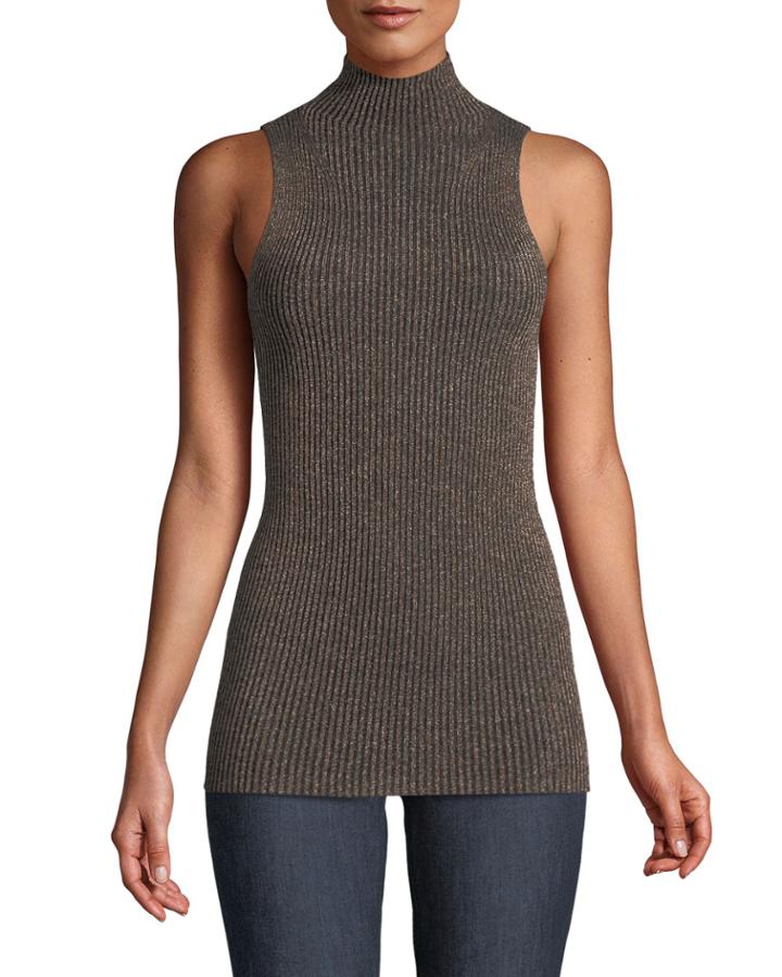 Ribbed Metallic Sleeveless Turtleneck