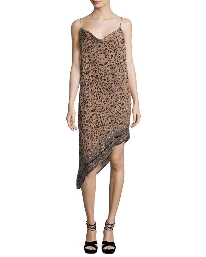 Sahara Cowl-neck Asymmetric-hem Leopard-burnout Velvet Dress
