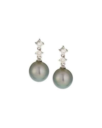 14k Tahitian Black Pearl & Double-diamond Drop Earrings