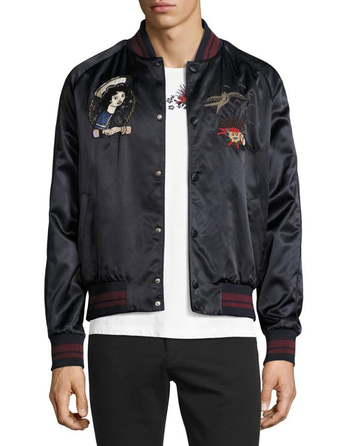Embroidered Souvenir Bomber Jacket, Navy
