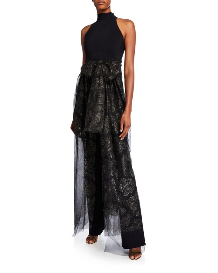 Halter Jumpsuit With Metallic Tulle Overlay