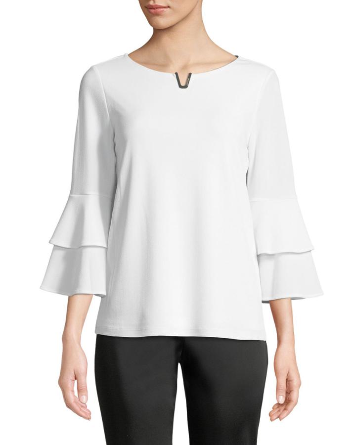 Notch-neck Casual Top With Ruffled Cuffs