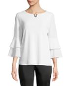 Notch-neck Casual Top With Ruffled Cuffs