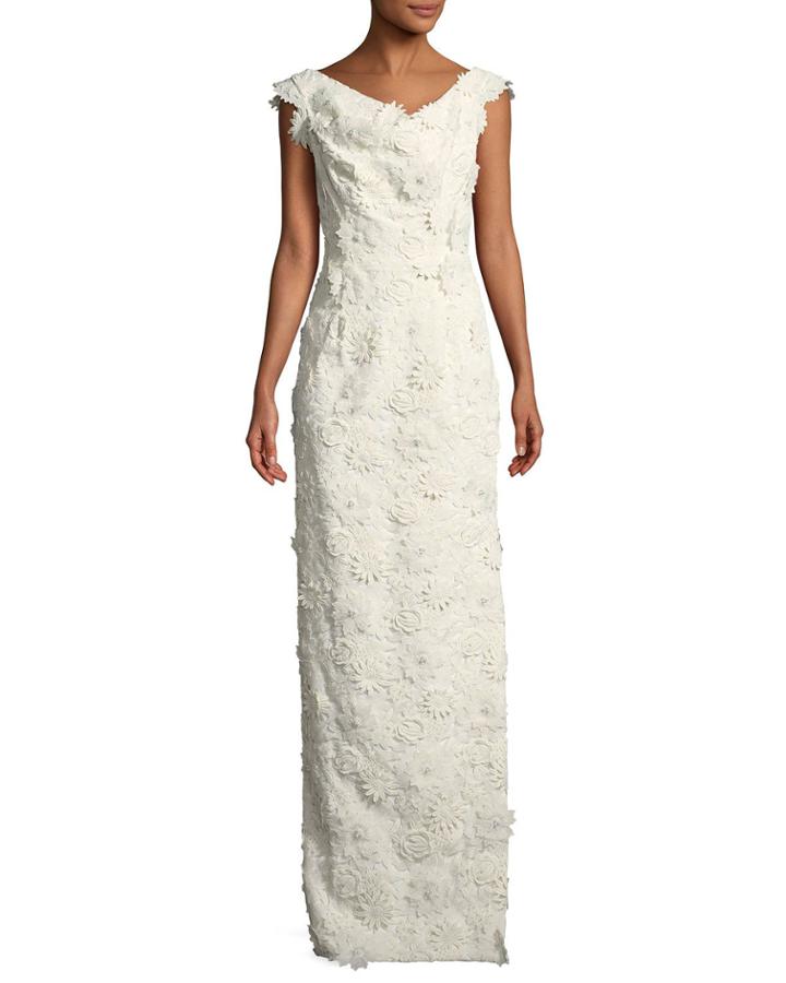 Jackie Anniversary Floral Lace Column Gown, White