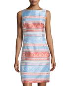 Striped Jacquard Sleeveless Sheath Dress, Coral/bluebonnet