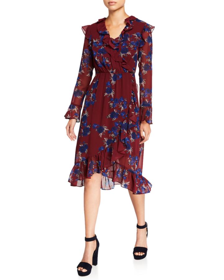 Rhythm And Blues Floral Ruffle Faux Wrap Dress
