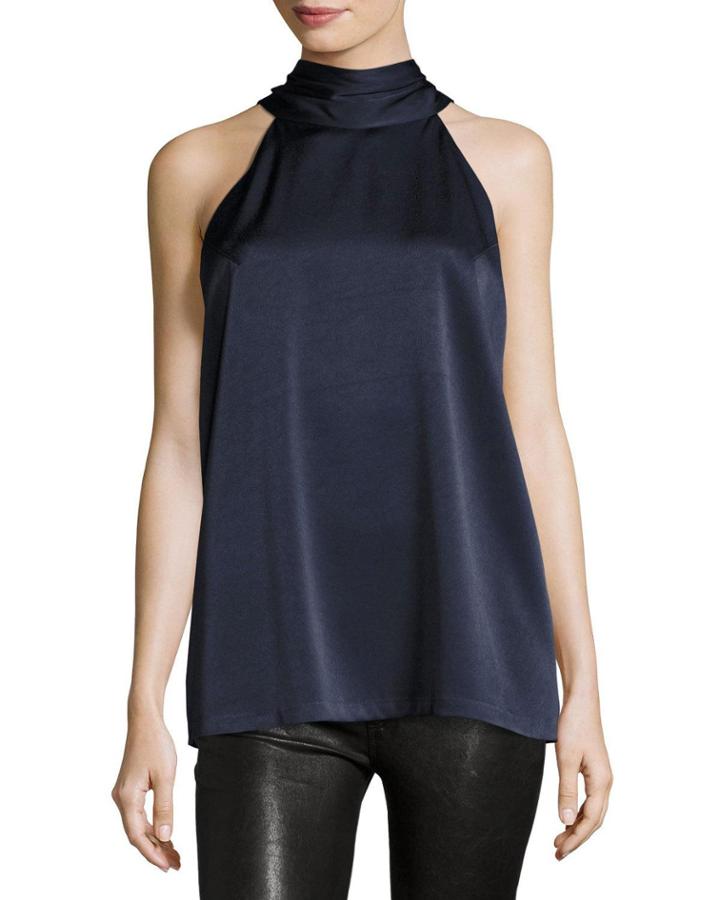 Satin Tie-neck Sleeveless Top, Navy