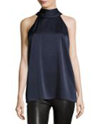 Satin Tie-neck Sleeveless Top, Navy