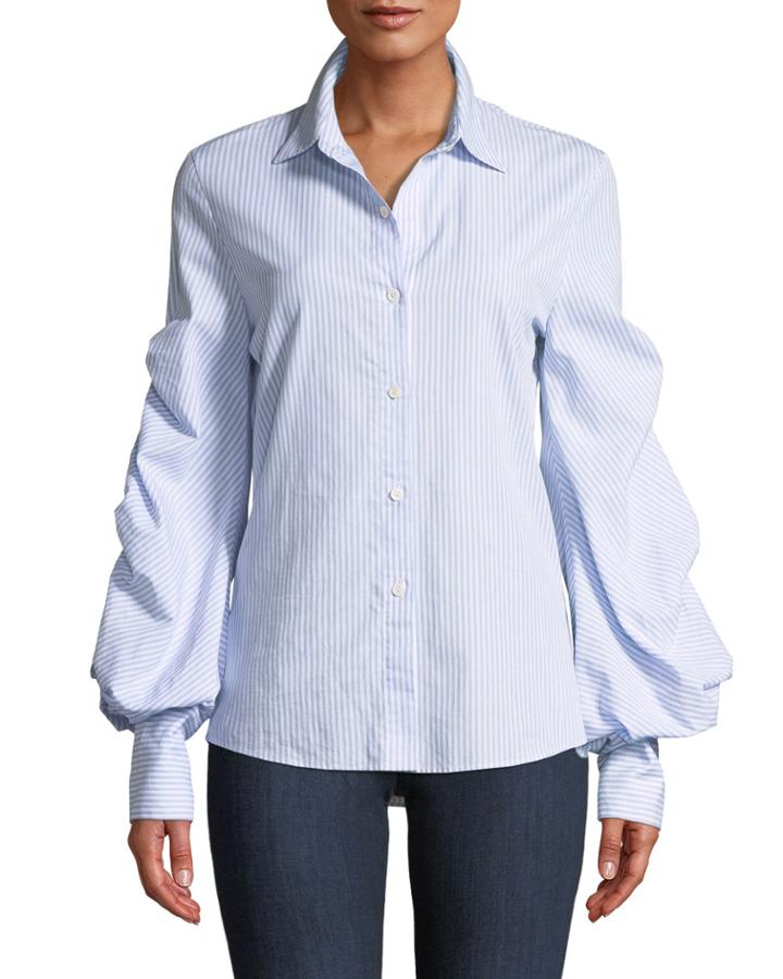Striped Button-down Top With Puff