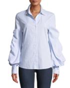 Striped Button-down Top With Puff