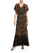 V-neck Short-sleeve Beaded Blouson A-line Gown W/ Keyhole Back