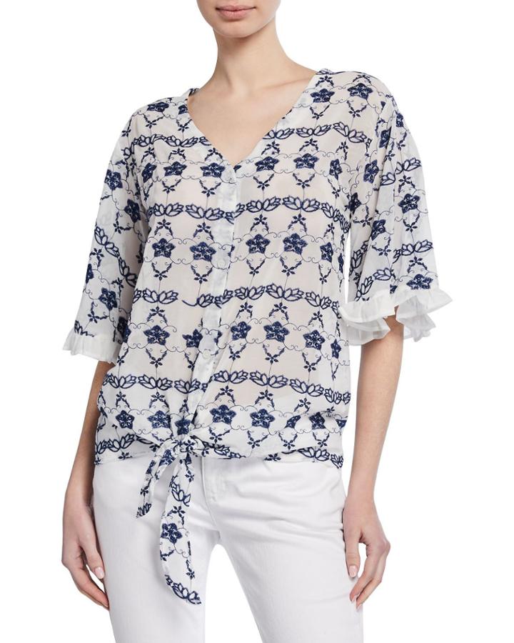 Embroidered Ruffle-sleeve Tie-front Top