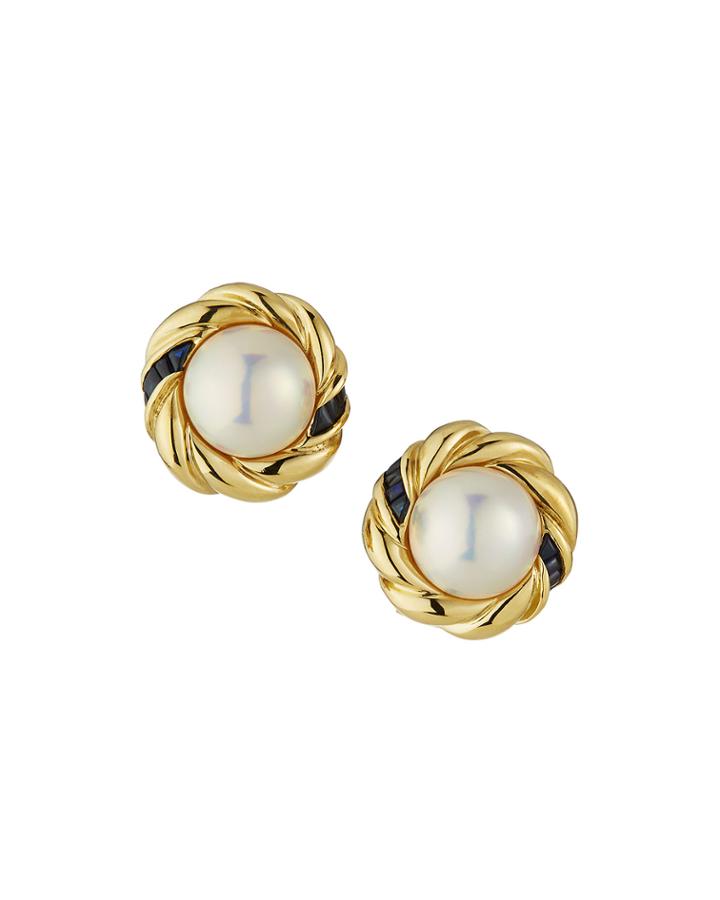 Estate 18k Yellow Gold Sapphire & Pearl Earrings