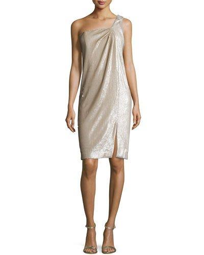 One-shoulder Twist Drape Dress, Dark Bone/gold