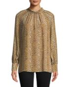 Leopard-print Tie-neck Silk Long-sleeve Top