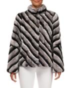 Diagonal Striped Rabbit Fur Coat