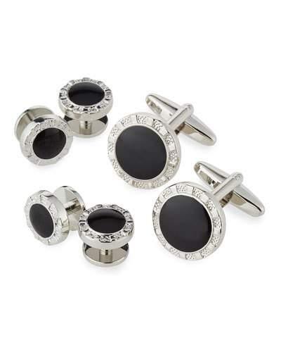 Round Cuff Links & Shirt Studs Set, Silvertone/black