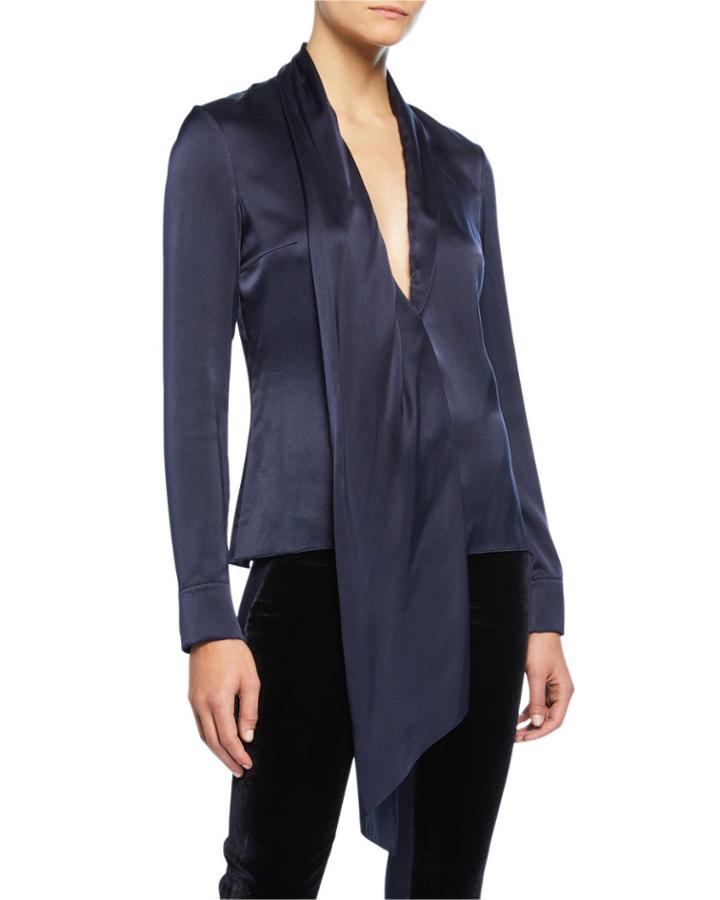 Silk Long-sleeve V-neck Blouse