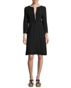 Crochet-trim Bracelet-sleeve Linen Dress, Black