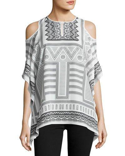Scarf-print Cold-shoulder Top, White/black