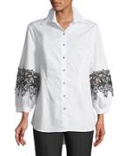 Embroidered Balloon-sleeve Button-front Blouse