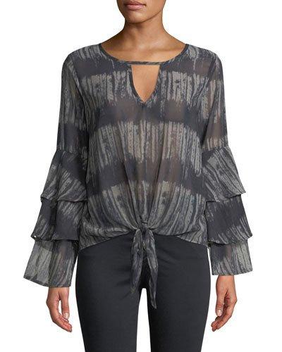Tie-dye Ruffle-sleeve Tie-front Blouse