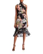 High-neck Back Tie Detail Ruffle-hem Dress