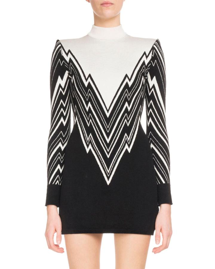 Long-sleeve Mock-neck Lightning-knit Mini Cocktail Dress